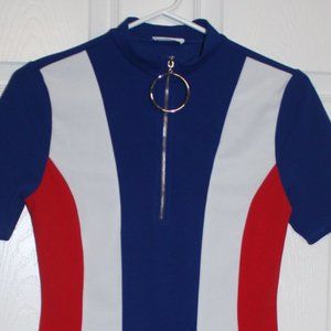 Mocking Jay Dress Women M Stretchy body con zip front retro red white blue